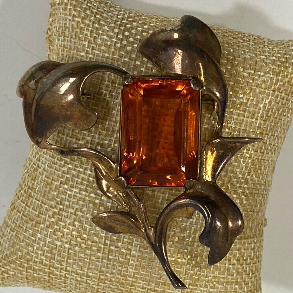 Antique Large Sterling Silver & Topaz Glass Brooch Art Nouveau Estate 2 3/8”